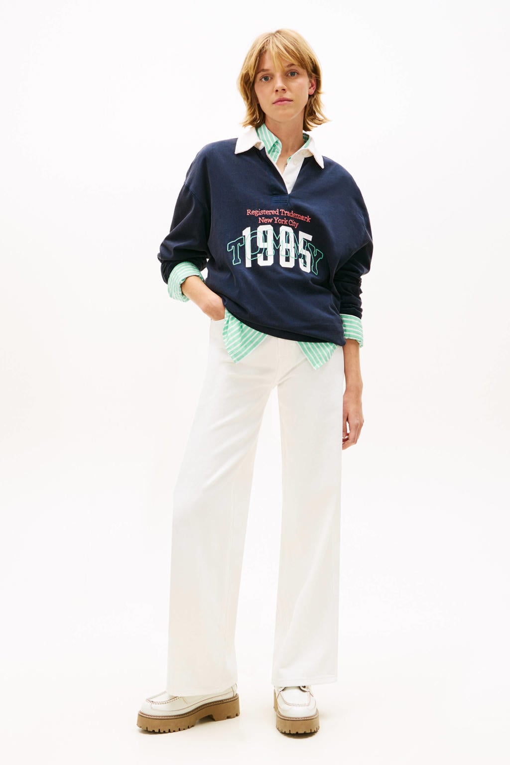 Witte dames Tommy Jeans high waist wide leg jeans van denim met rits- en knoopsluiting en effen