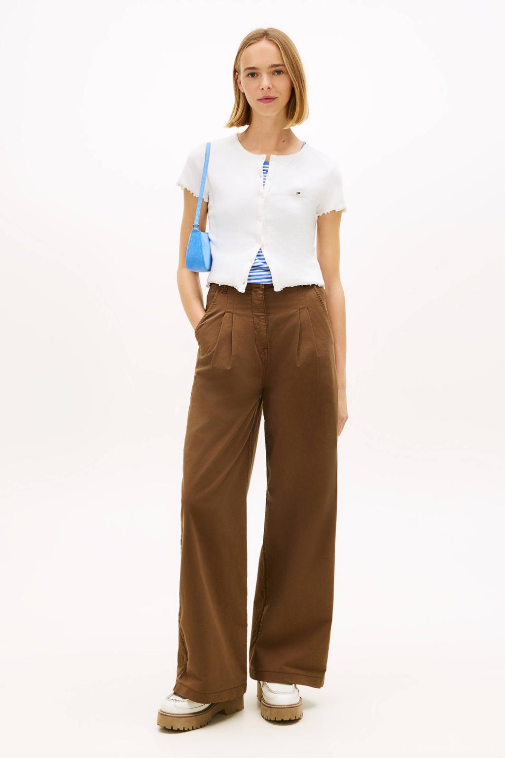 Ecru dames Tommy Jeans top met effen, korte mouwen, ronde hals en ruches