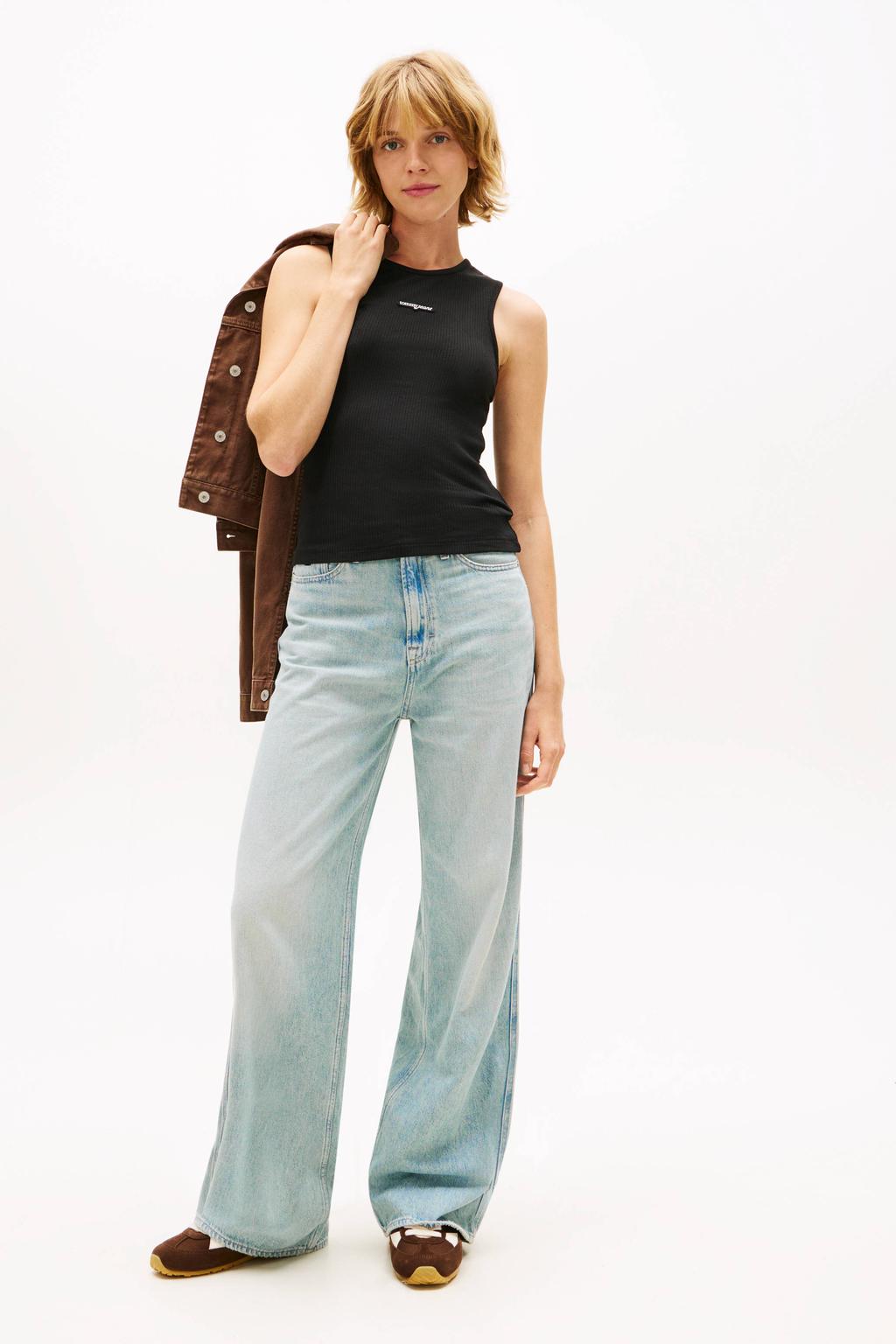 Zwarte dames Tommy Jeans mouwloze top rib gebreid van viscose met effen en ronde hals