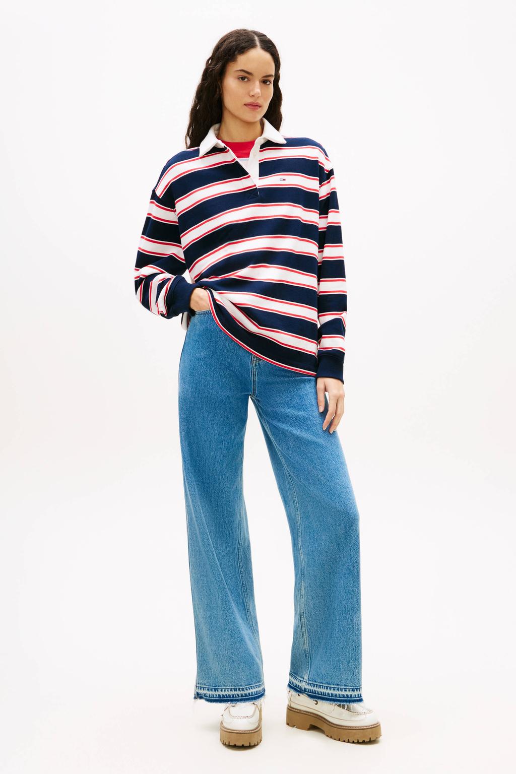 Medium blue denim dames Tommy Jeans high waist wide leg jeans van denim met rits- en knoopsluiting en effen