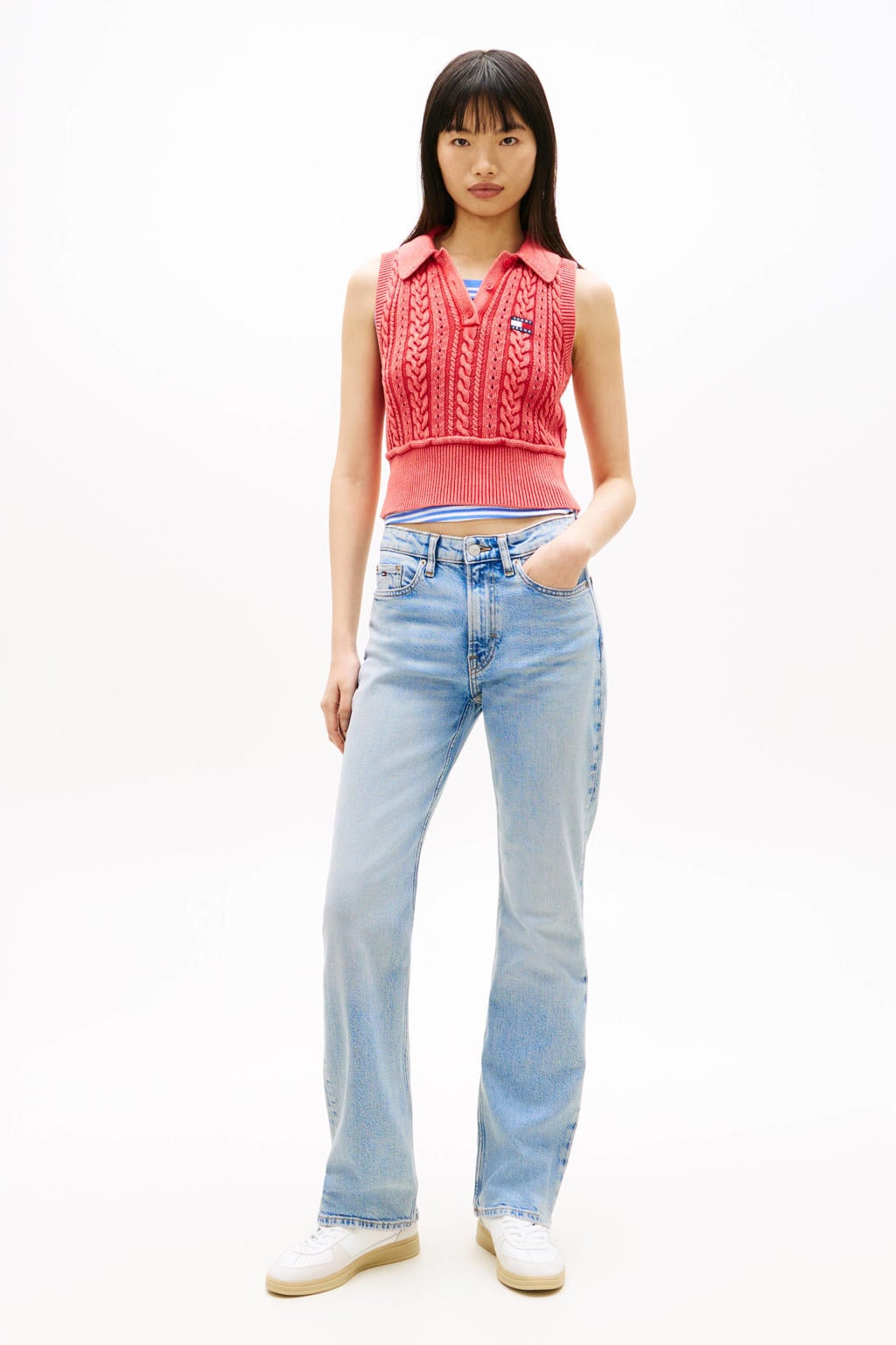 Light blue denim dames Tommy Jeans low waist bootcut jeans van denim met rits- en knoopsluiting en effen