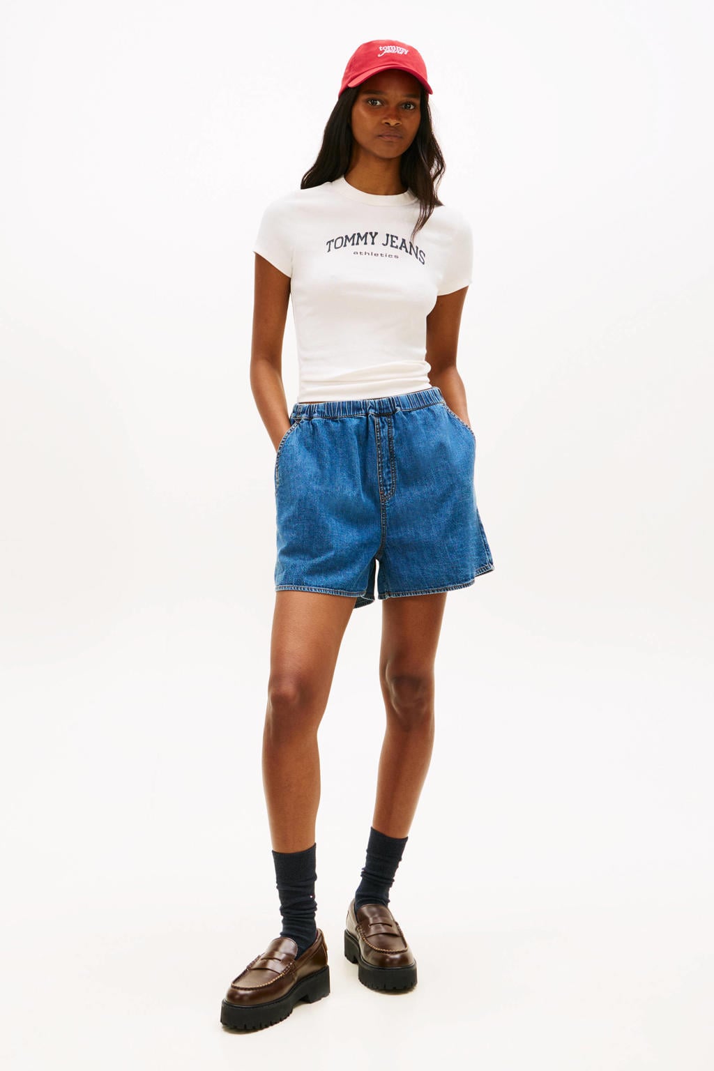 Medium blue denim dames Tommy Jeans high waist short van denim met loose fit en effen