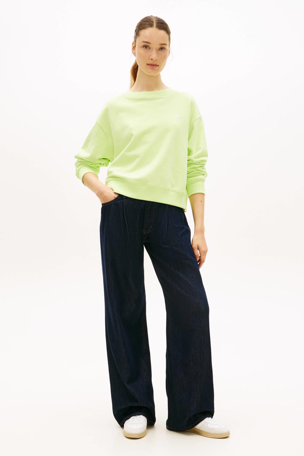 Limegroene dames Tommy Jeans sweater groen van katoen met logo dessin en lange mouwen