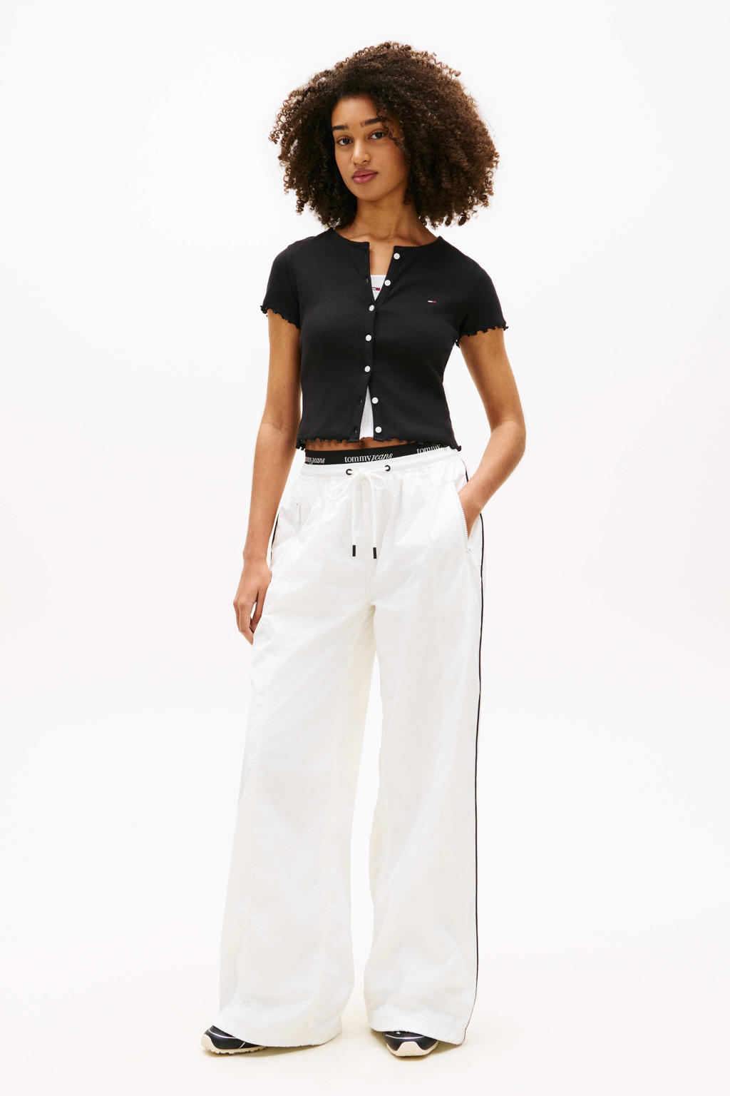 Zwarte dames Tommy Jeans top met effen, korte mouwen, ronde hals en ruches