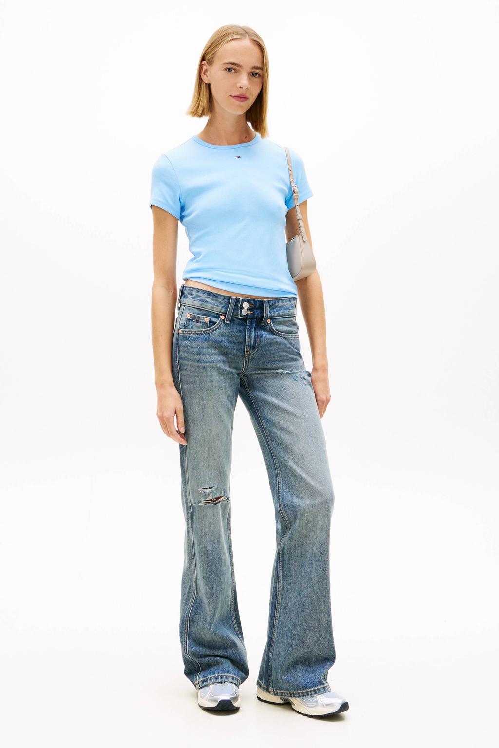 Lichtblauwe dames Tommy Jeans T-shirt van stretchkatoen met logo dessin, korte mouwen en ronde hals