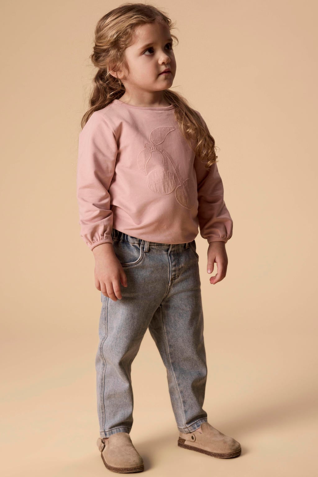 Roze meisjes LIL' ATELIER MINI sweater van katoen met effen, lange mouwen, ronde hals en borduursels