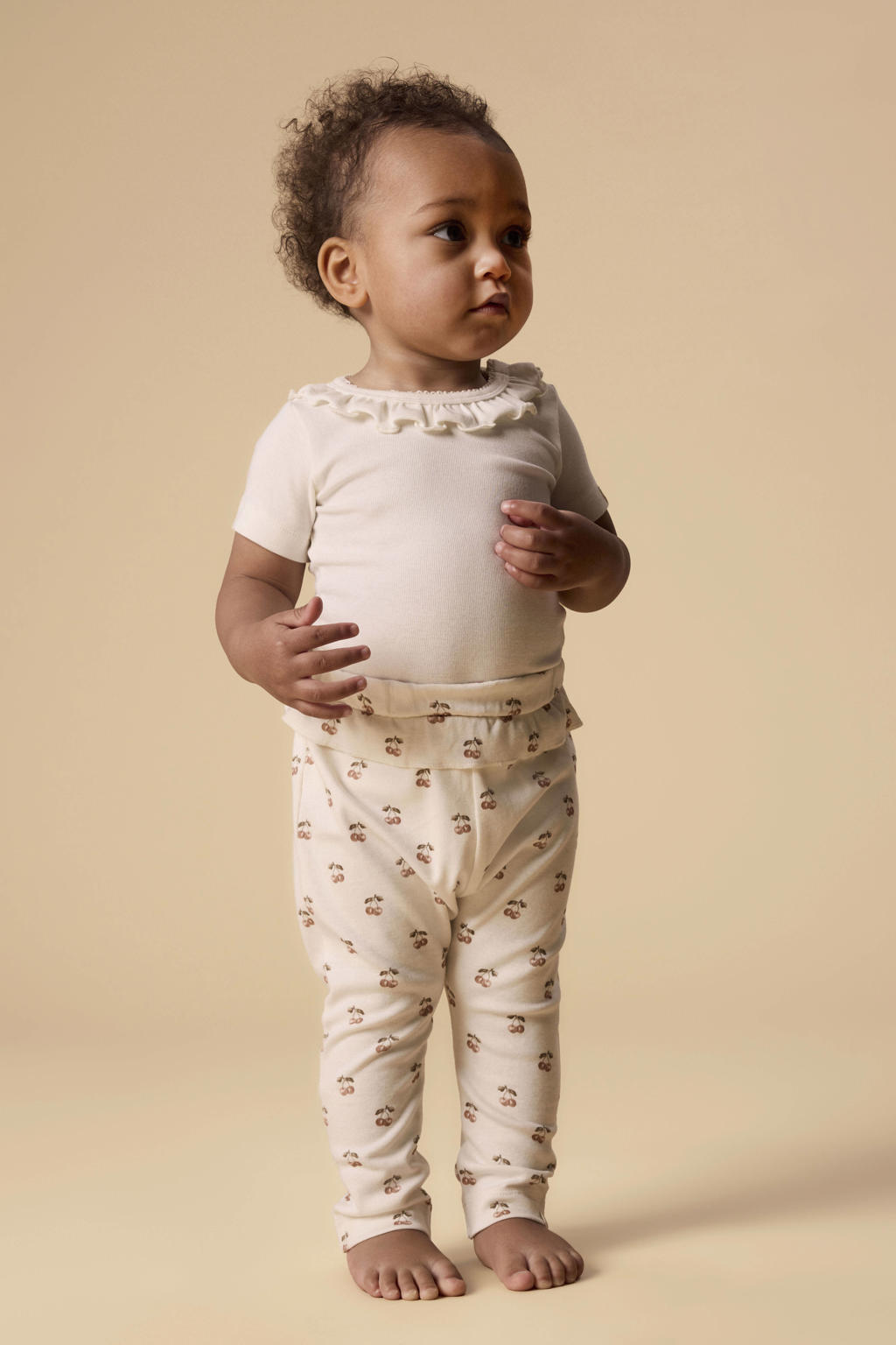 Ecru meisjes LIL' ATELIER BABY regular casual broek van katoen met elastische tailleband