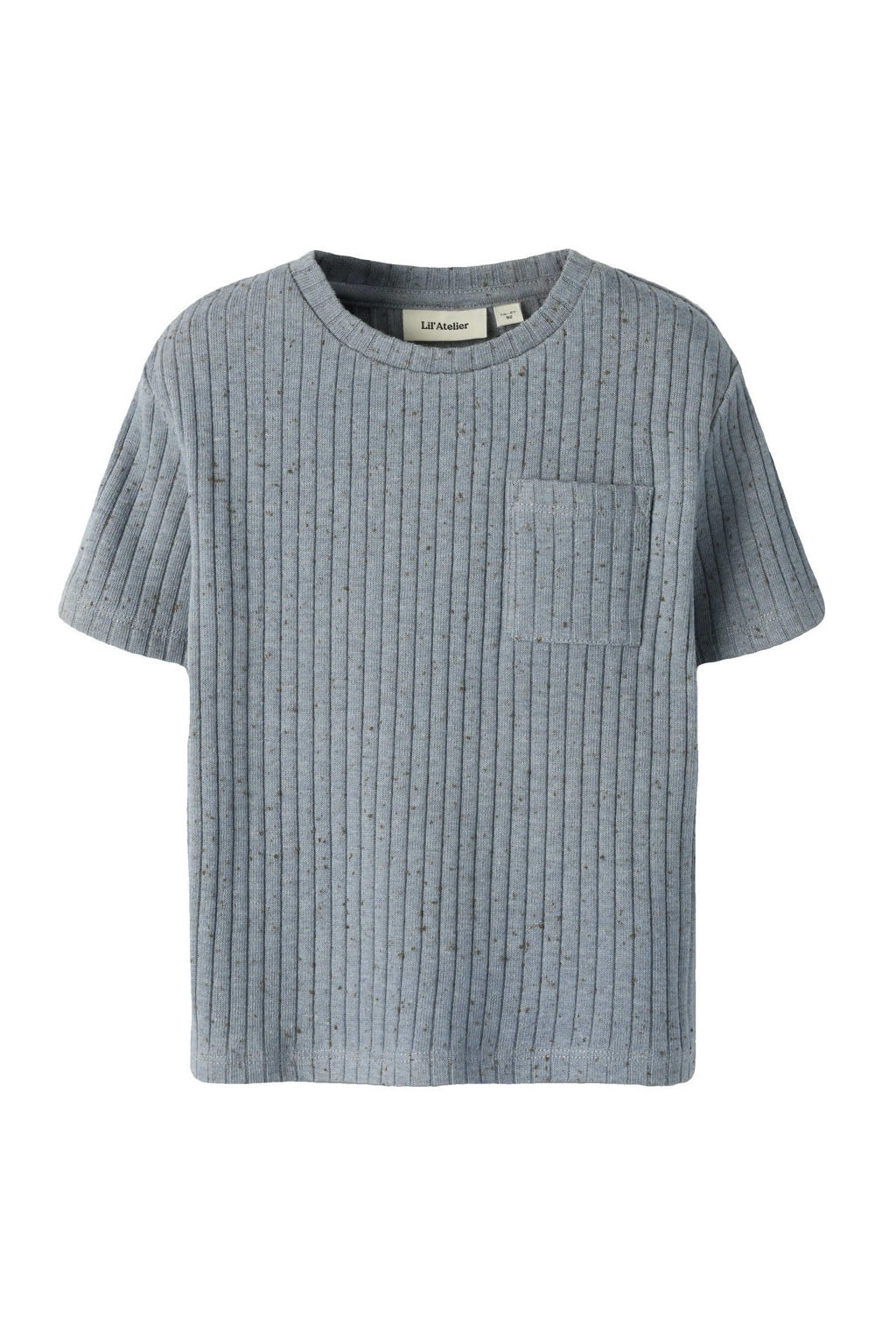 Blauwe jongens LIL' ATELIER MINI T-shirt fijn gebreid van katoen met melée print, korte mouwen en ronde hals