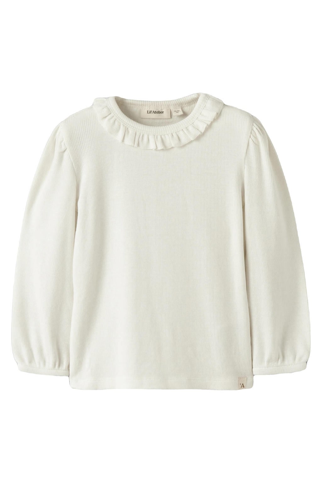 Witte meisjes LIL' ATELIER MINI blousetop gebreid van lyocell met effen, lange mouwen en ronde hals