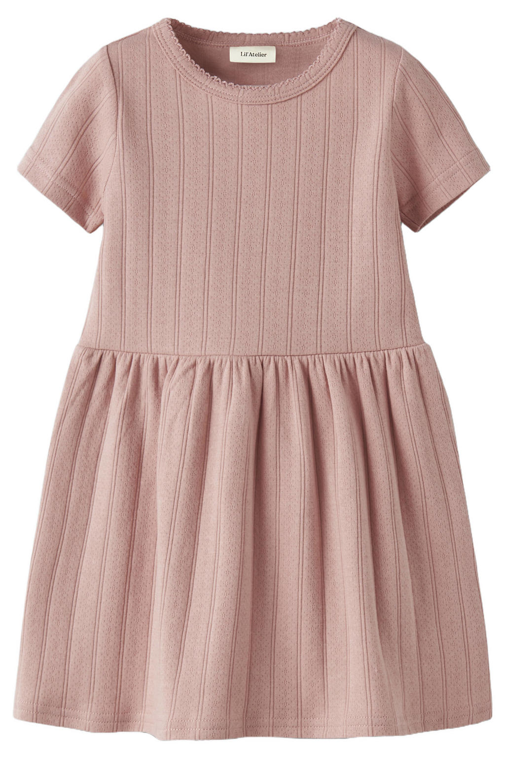 Roze meisjes LIL' ATELIER MINI A-lijn jurk ajour van katoen met effen, korte mouwen en ronde hals