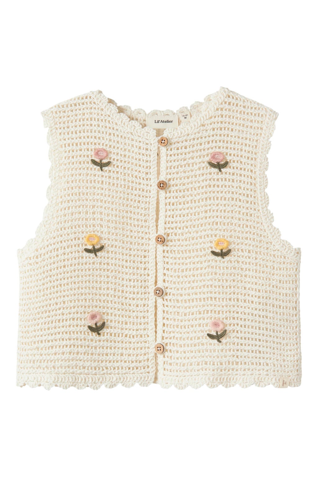 Ecru meisjes LIL' ATELIER MINI gebloemde gilet gehaakt van katoen met ronde hals, knoopsluiting en borduursels