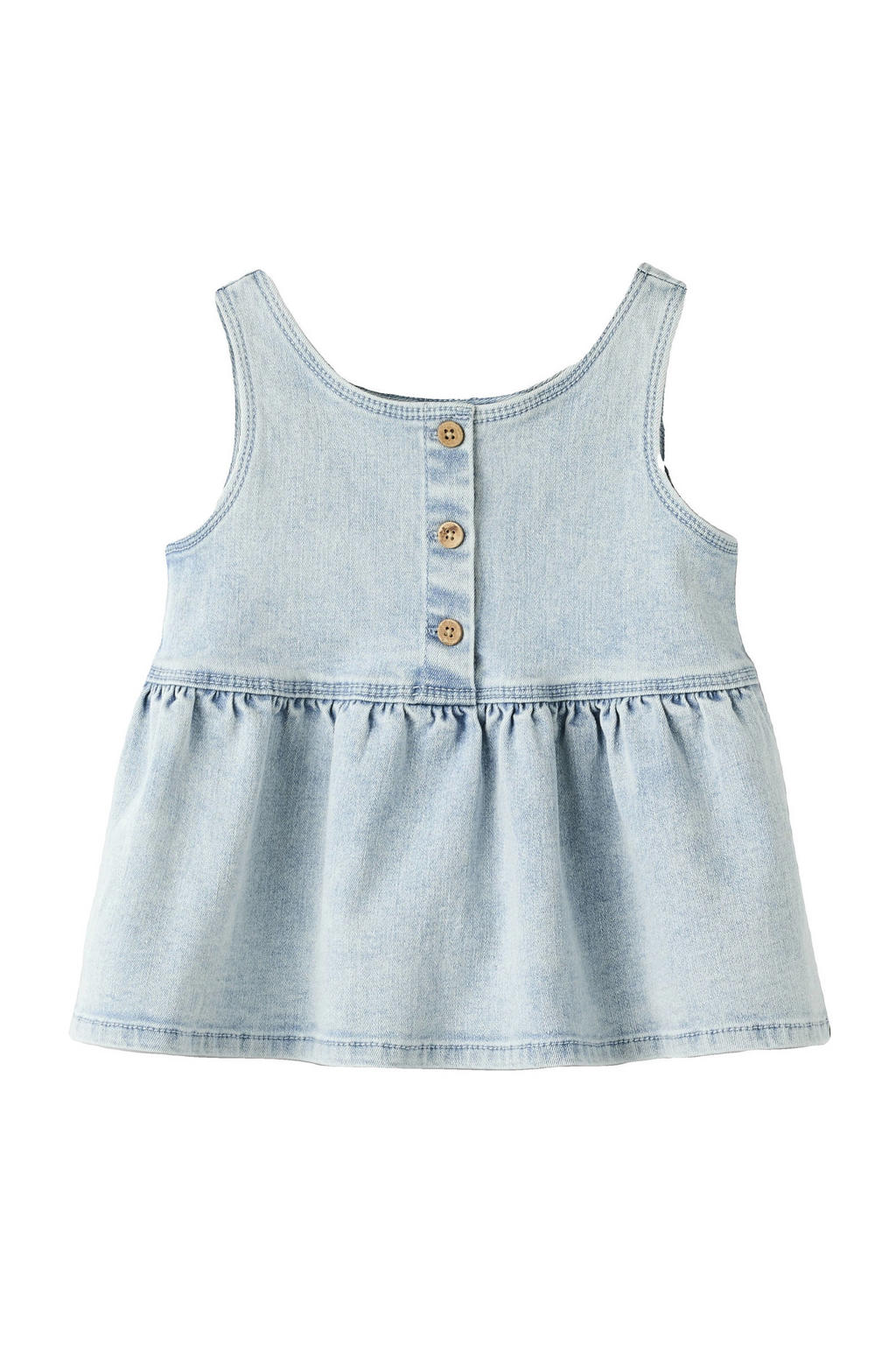 Light blue denim meisjes LIL' ATELIER MINI mouwloze top van stretchdenim met effen, ronde hals en geweven detail