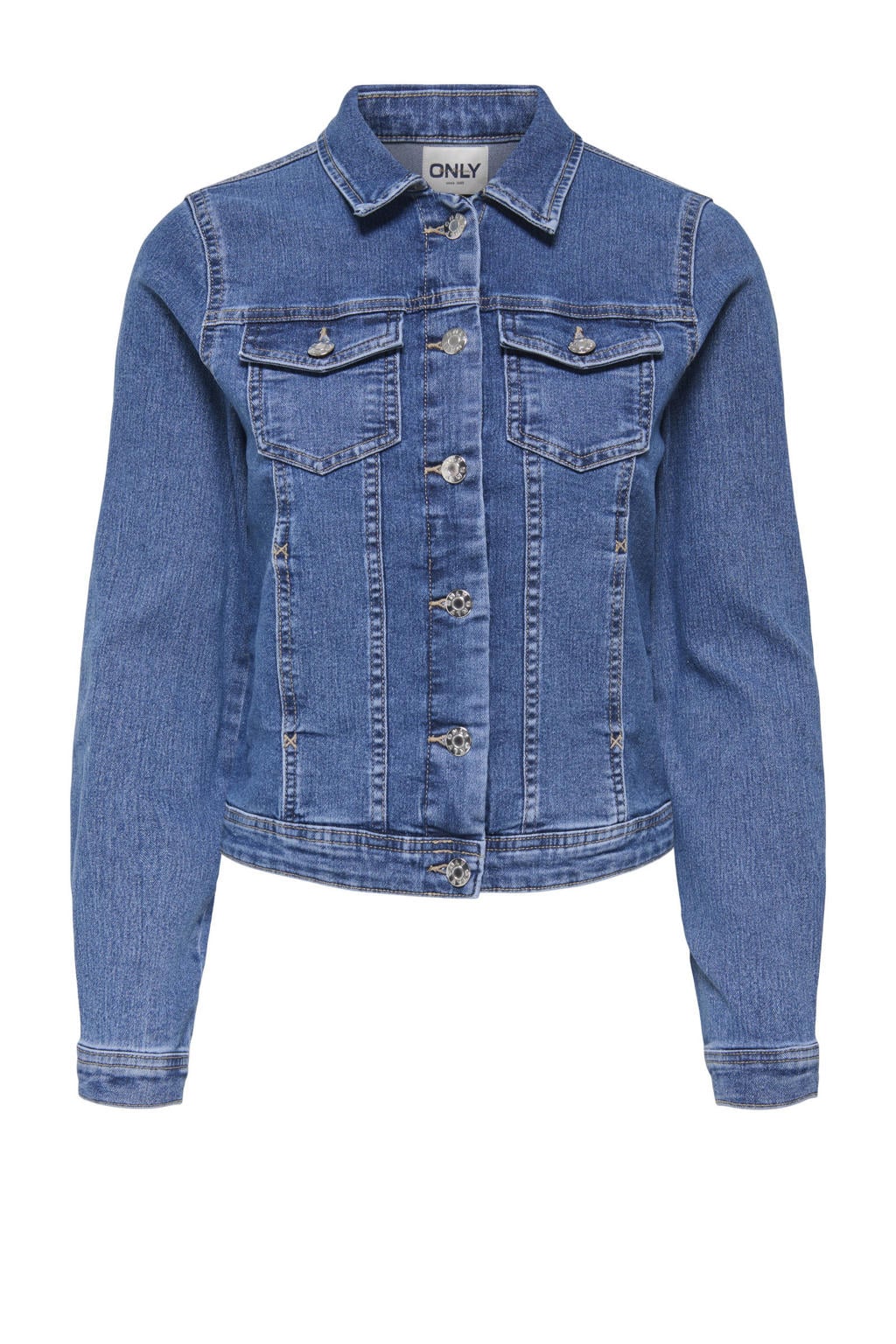Medium blue denim dames ONLY MATERNITY zwangerschaps spijkerjas van denim met effen, lange mouwen, opstaande kraag en knoopsluiting