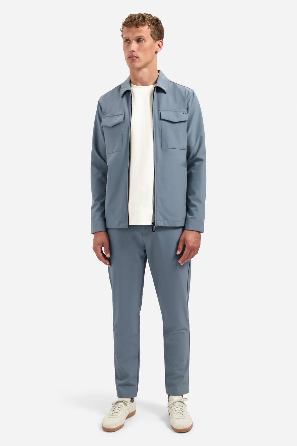 Blauwe heren No Excess overshirt van travelstof met effen, lange mouwen, klassieke kraag en ritssluiting