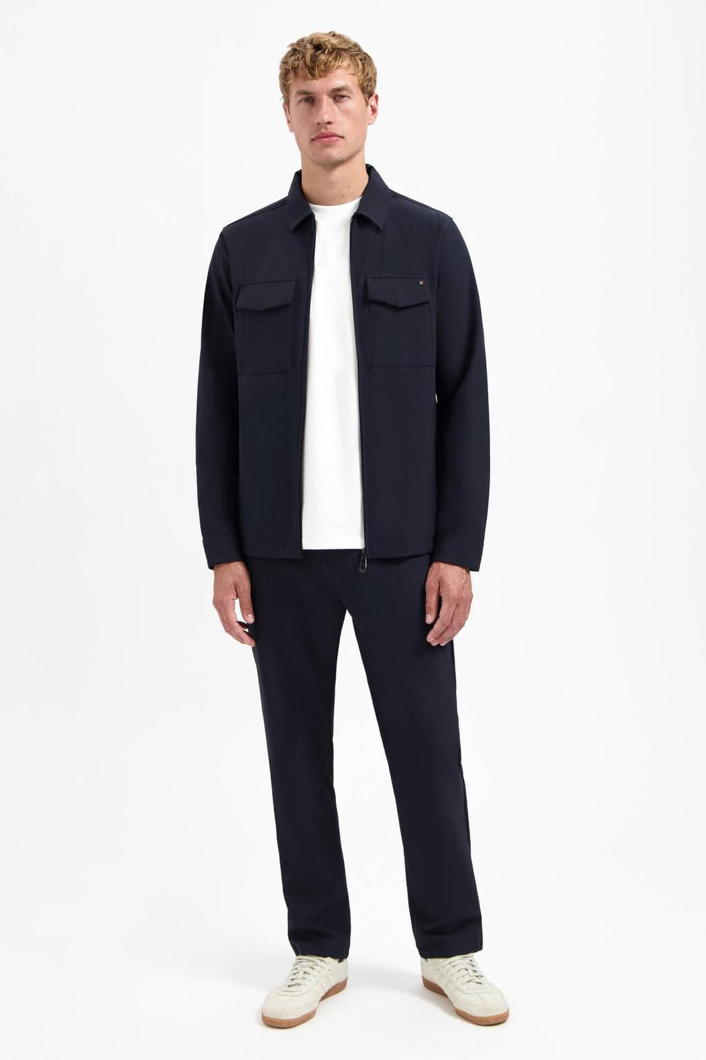 Donkerblauwe heren No Excess overshirt van travelstof met effen, lange mouwen, klassieke kraag en ritssluiting