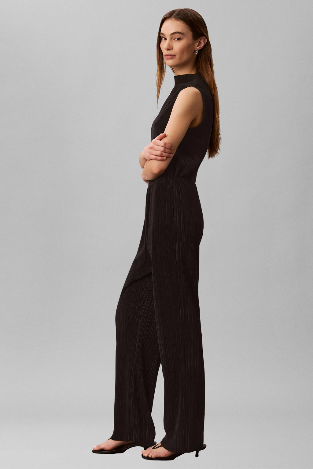 Zwarte dames Calvin Klein straight regular waist broek van polyester met elastische tailleband en effen
