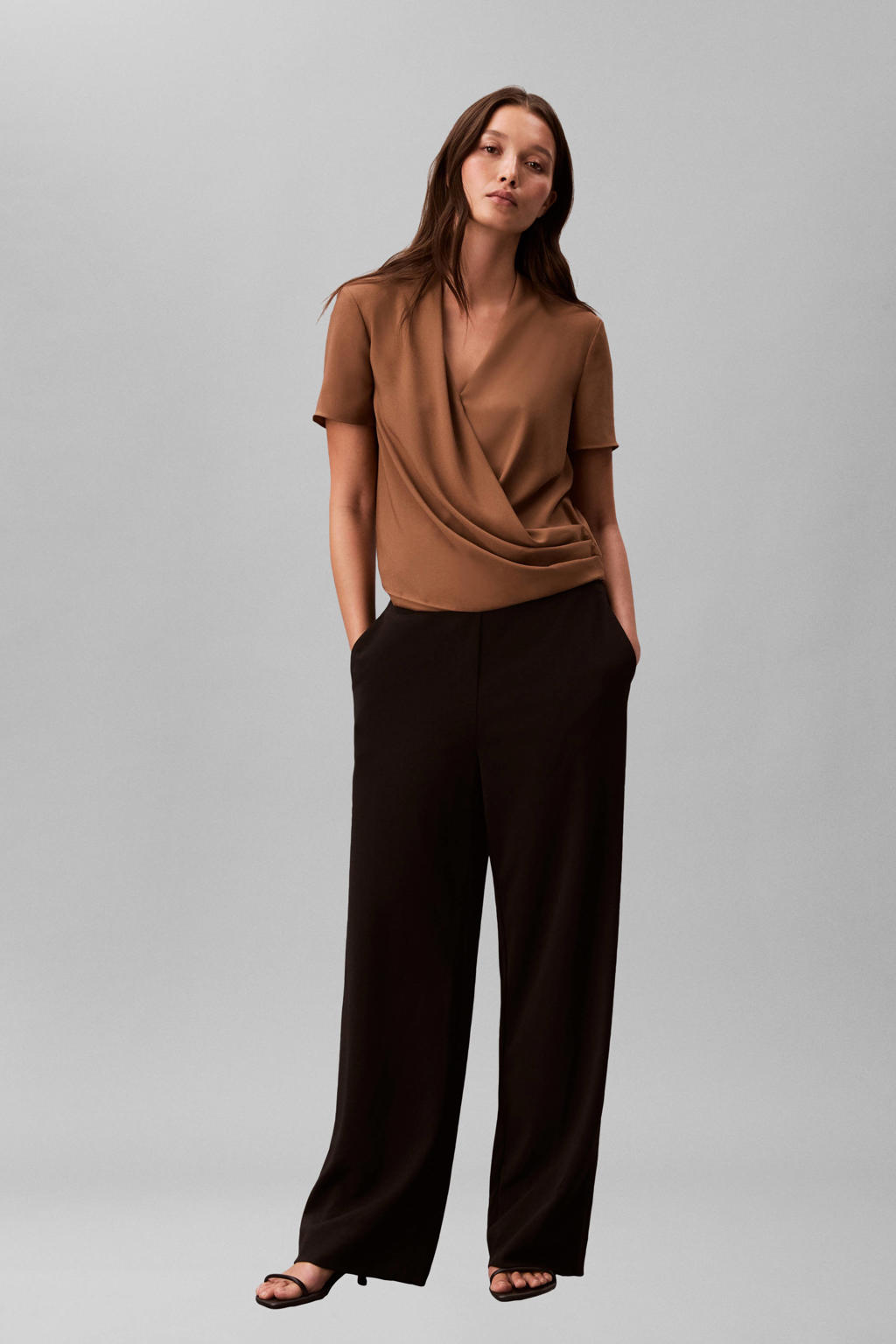 Bruine dames Calvin Klein overslagtop van polyester met effen en korte mouwen