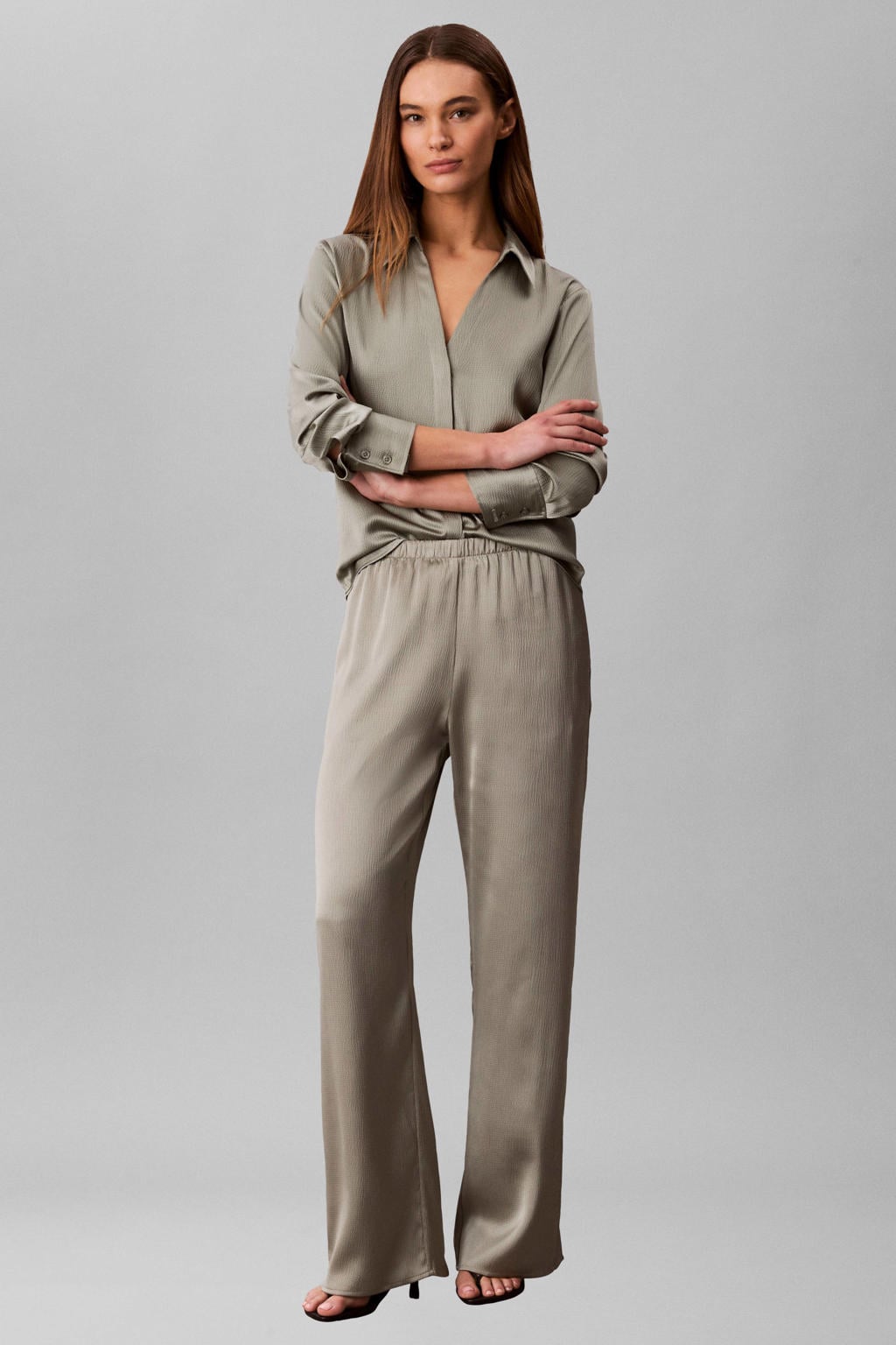 Grijsgroene dames Calvin Klein wide leg high waist broek groen van katoen met effen