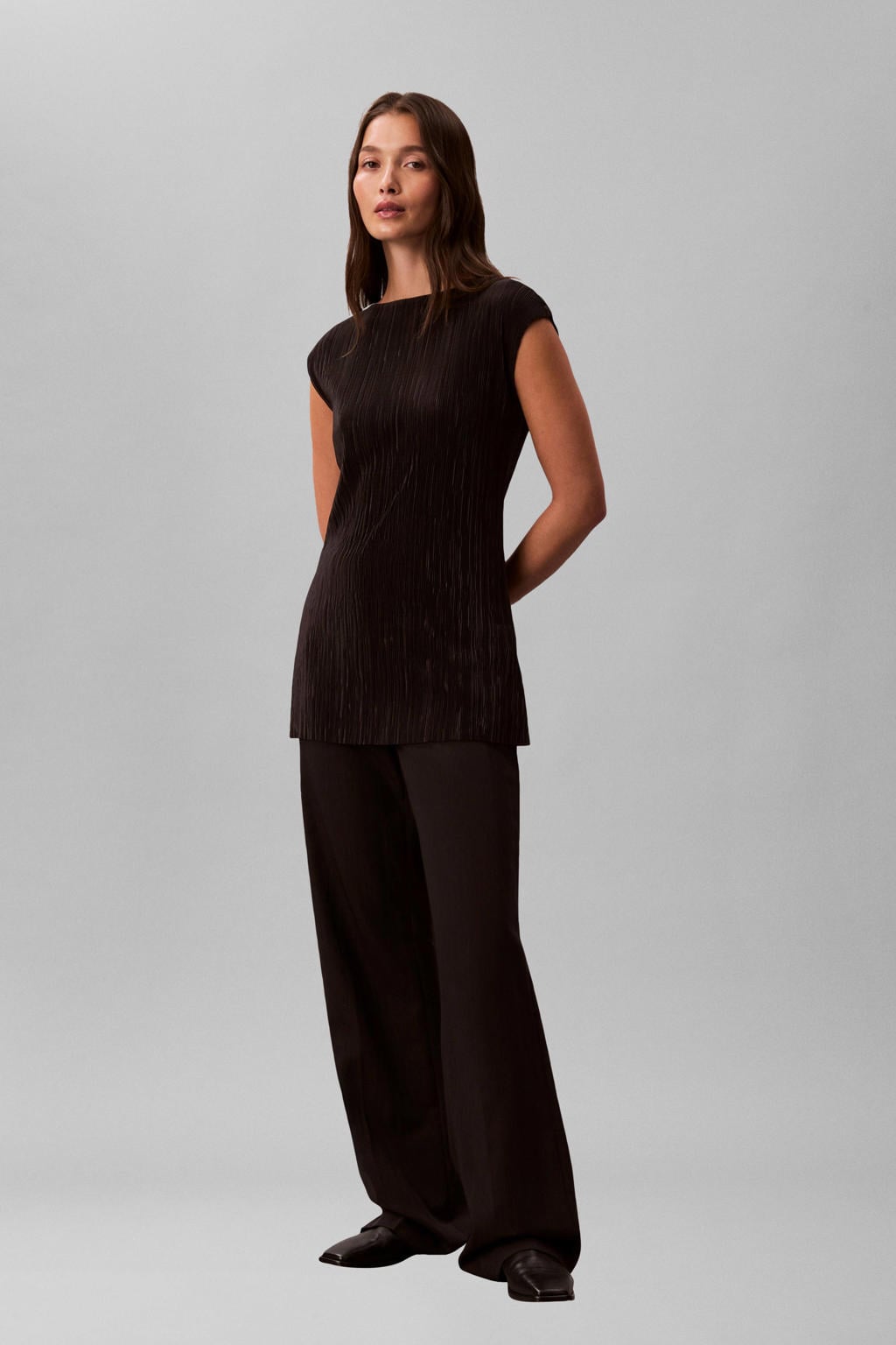 Zwarte dames Calvin Klein mouwloze top van polyester met effen, ronde hals en plissé details