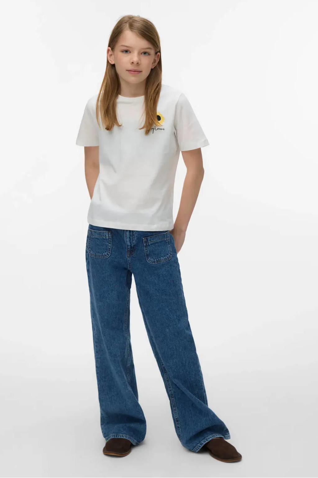 Witte meisjes VERO MODA GIRL T-shirt van katoen met printopdruk, korte mouwen, ronde hals en borduursels