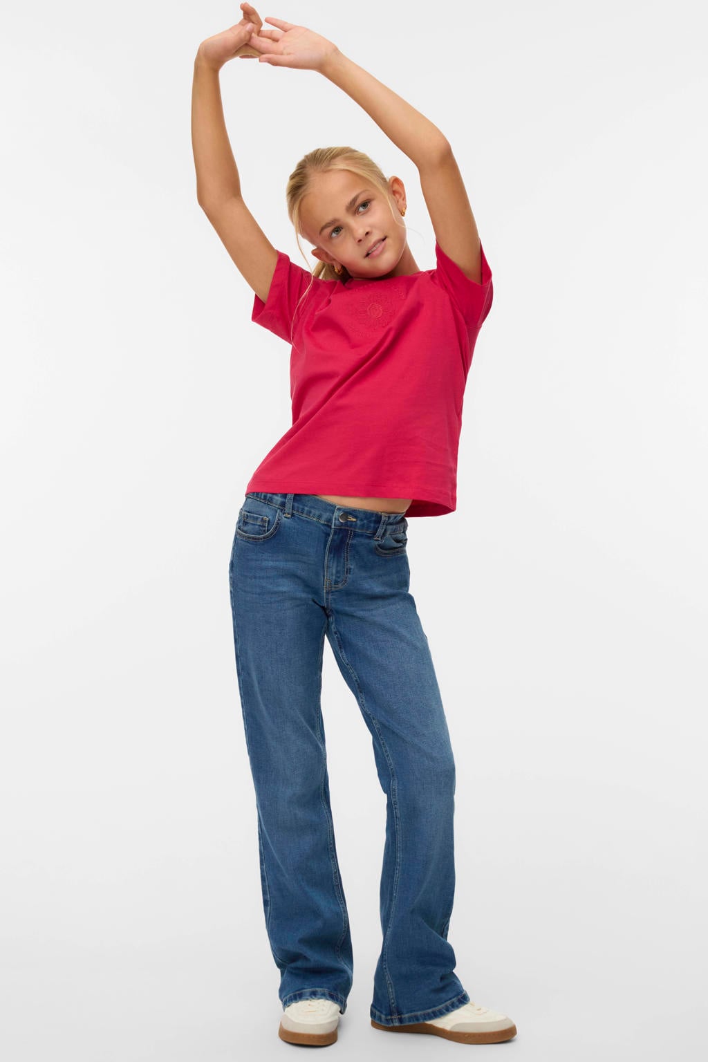 Roze meisjes VERO MODA GIRL T-shirt van katoen met printopdruk, korte mouwen, ronde hals en borduursels