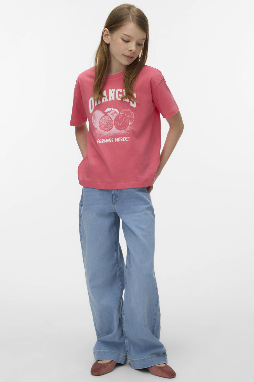 Rode meisjes VERO MODA GIRL T-shirt van katoen met printopdruk, korte mouwen en ronde hals