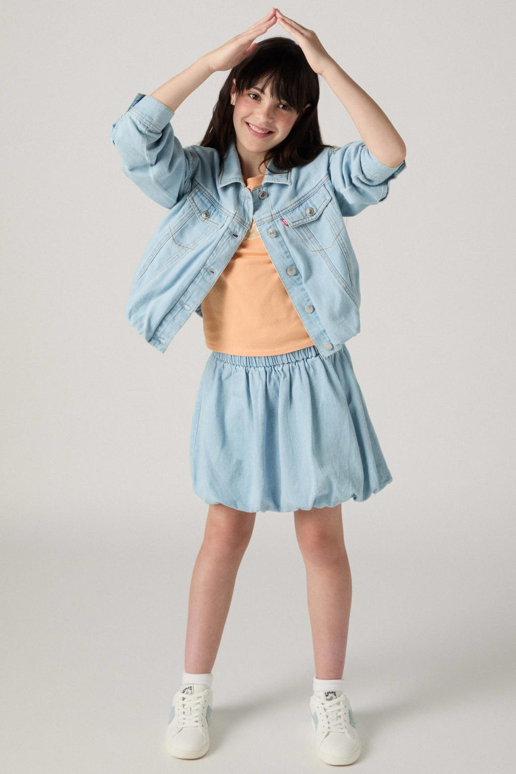 Light blue denim meisjes Levi's spijkerjas van jog denim met effen, lange mouwen, klassieke kraag en knoopsluiting