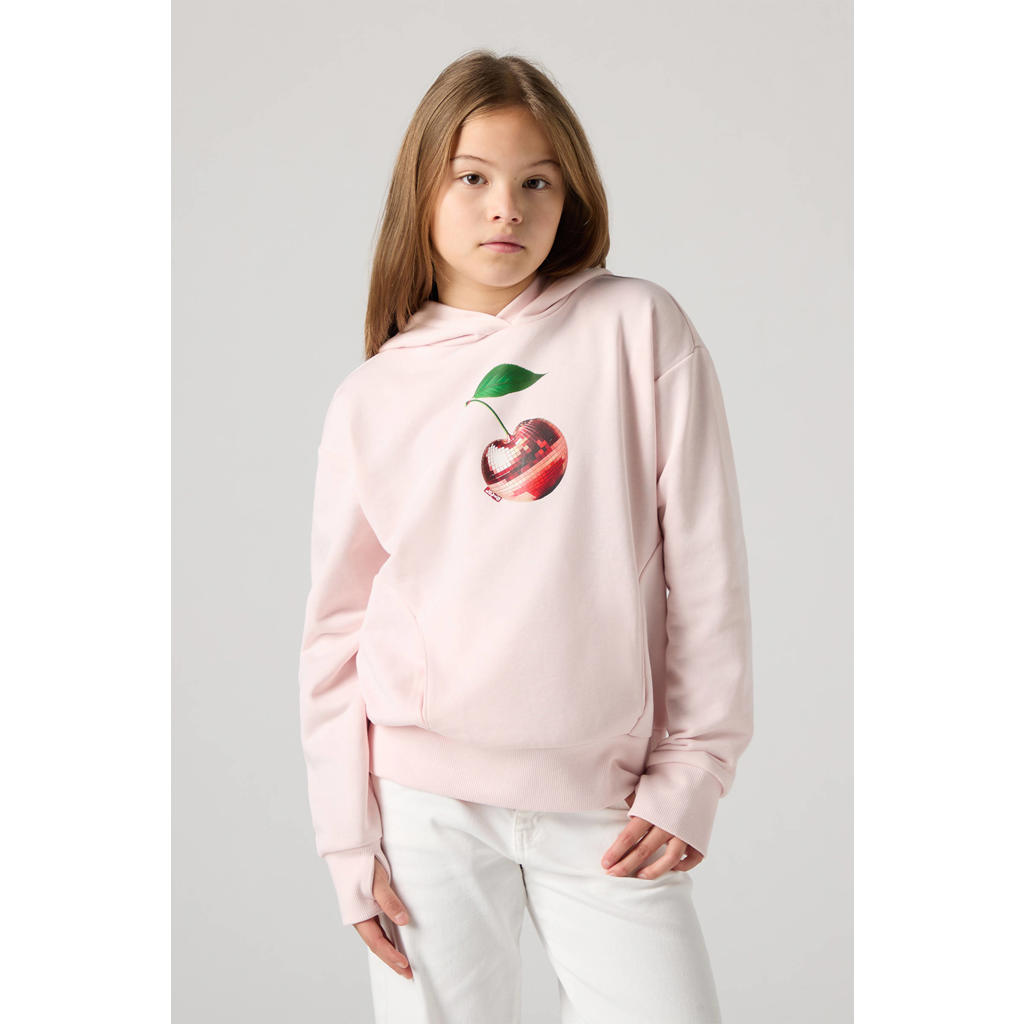 Lichtroze meisjes Levi's hoodie van sweat materiaal met printopdruk, lange mouwen en capuchon