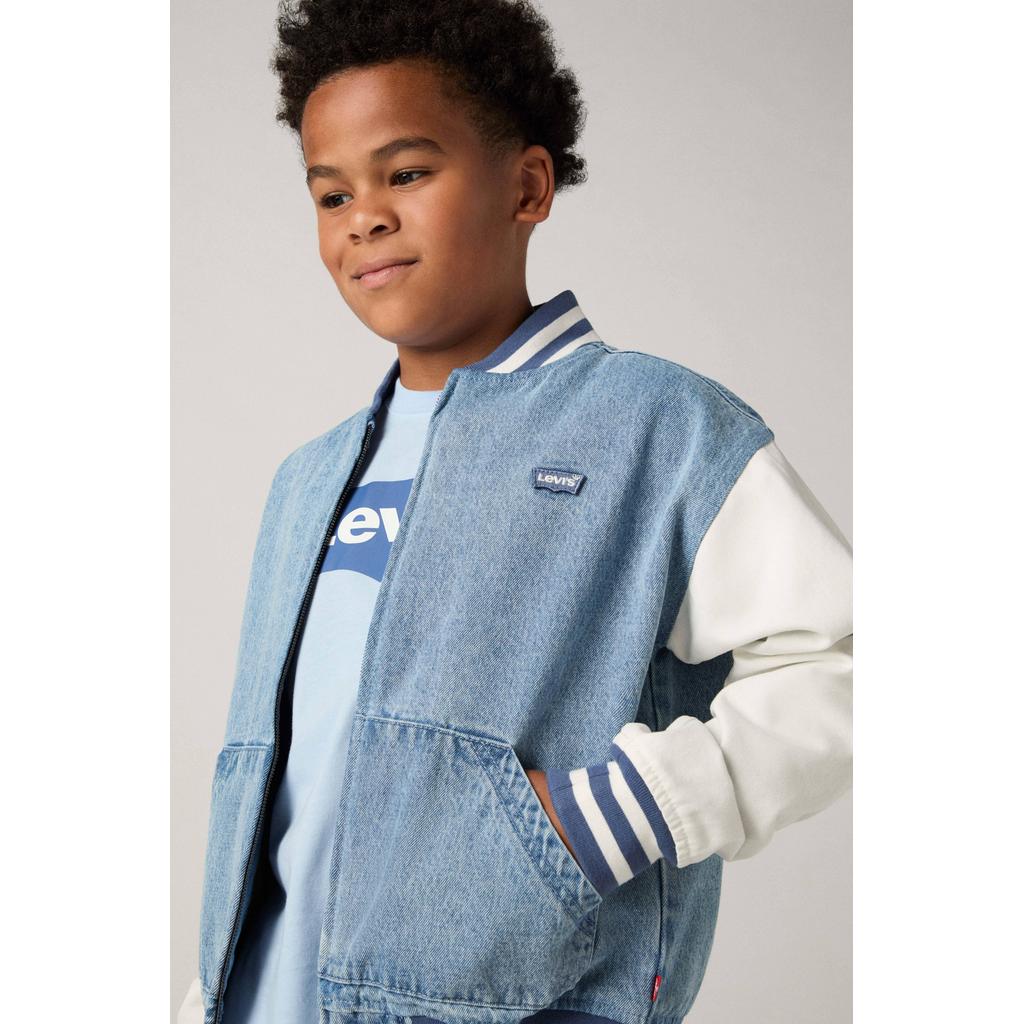 Light blue denim jongens Levi's bomberjack van denim met backprint, lange mouwen, opstaande kraag, ritssluiting en geribde boorden
