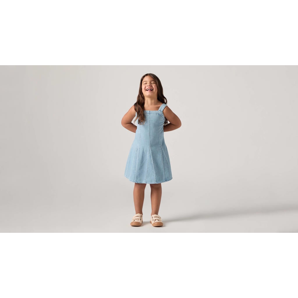 Light blue denim meisjes Levi's spijkerjurk van denim met effen, vierkante hals en ritssluiting