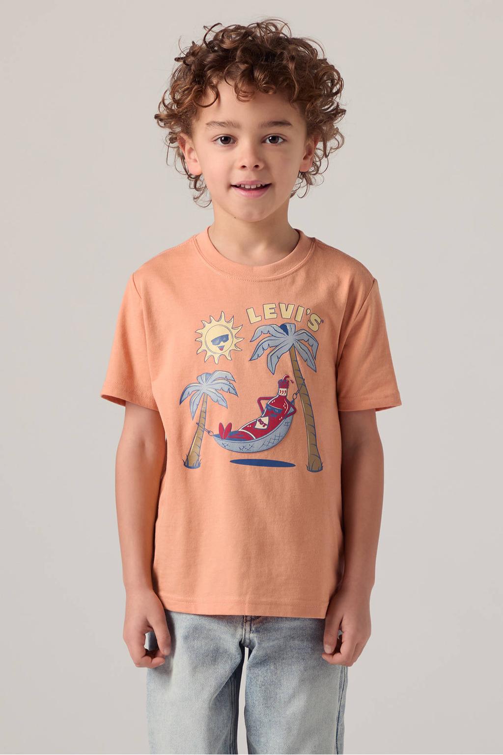 Oranje jongens Levi's T-shirt van katoen met printopdruk, korte mouwen en ronde hals