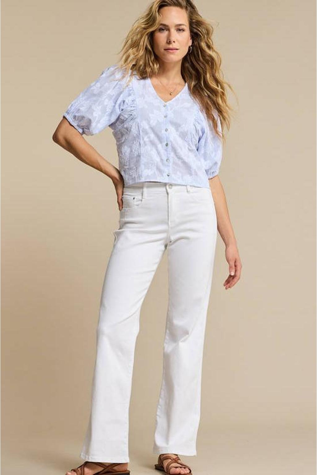 Blauwe dames Red Button gestreepte gebloemde blouse van katoen met korte mouwen, klassieke kraag, knoopsluiting en smockwerk