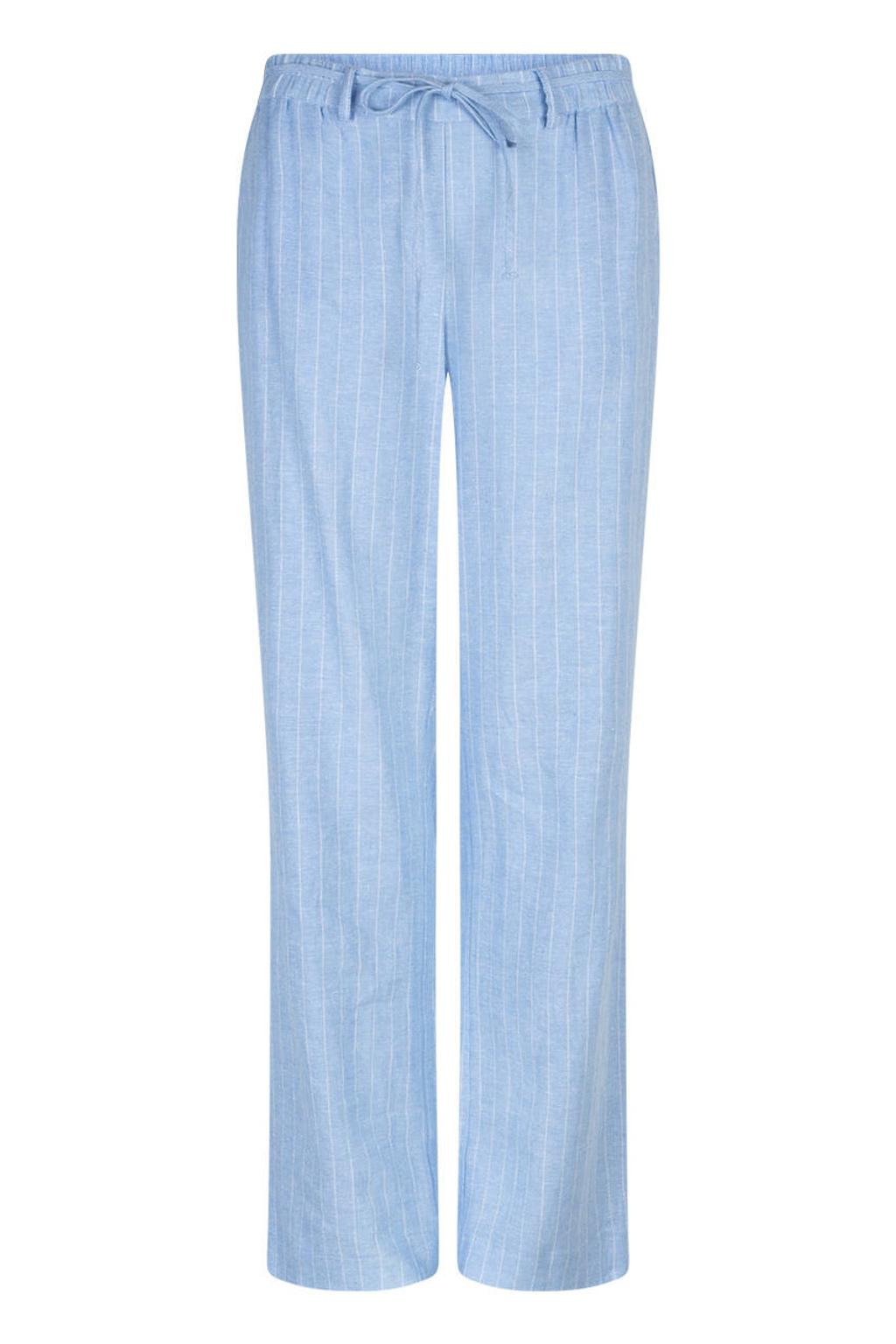 Lichtblauwe dames Red Button straight regular waist casual broek van linnen met elastische tailleband met koord en krijtstreepprint