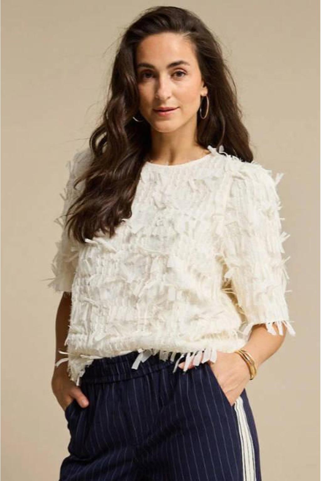 Ecru dames Red Button top van polyester met effen, half lange mouwen, ronde hals en franjes