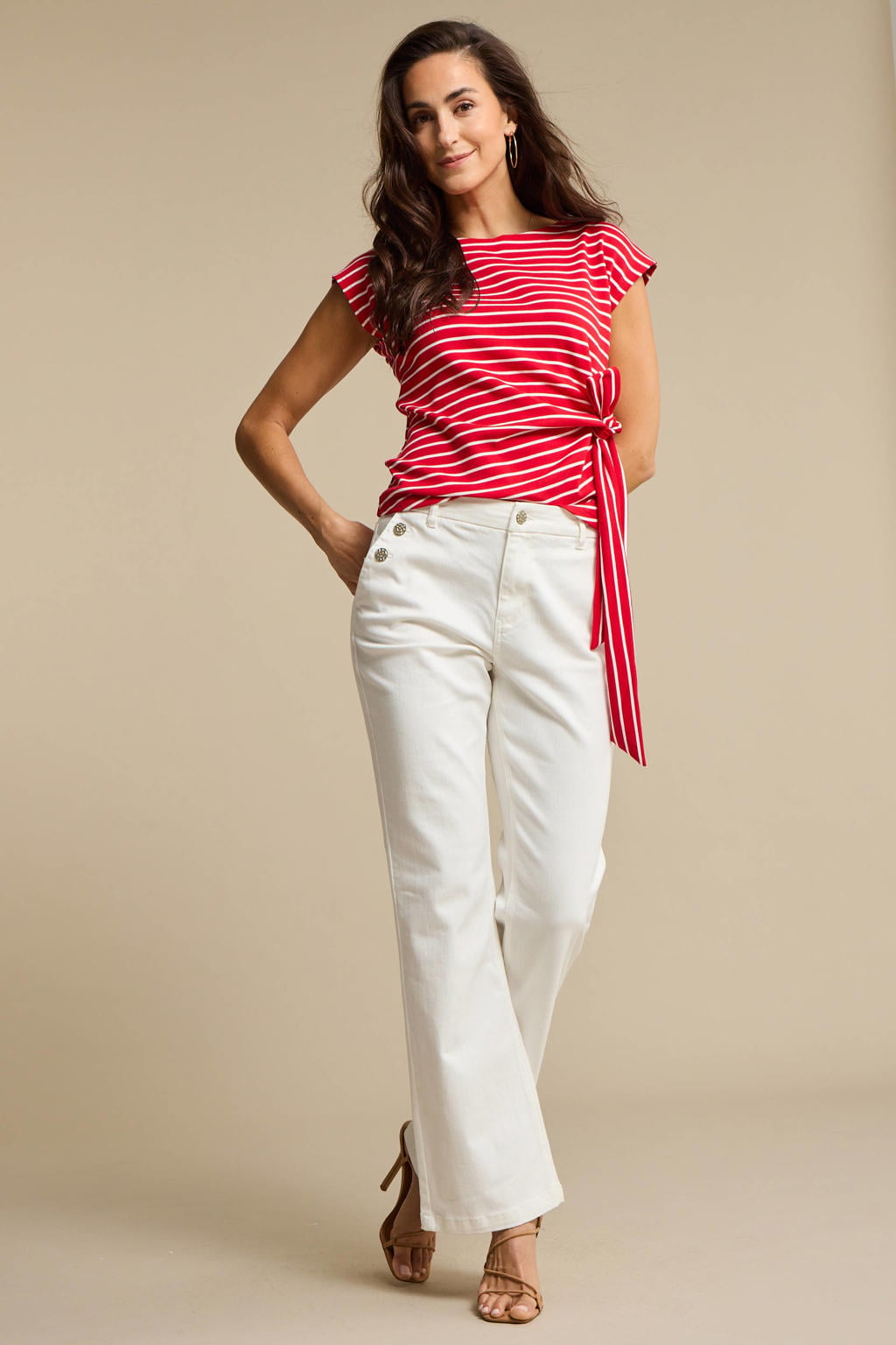 Ecru dames Red Button Bibette Off-White & Buttons high waist flared jeans van denim met rits- en knoopsluiting en effen