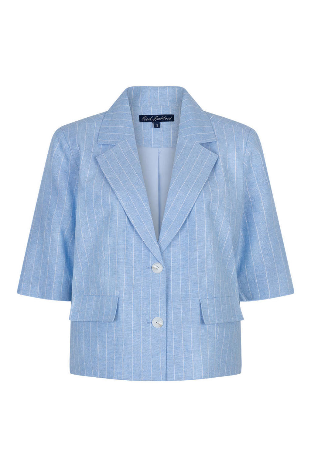 Lichtblauwe dames Red Button regular blazer van linnen met krijtstreepprint, lange mouwen, reverskraag, knoopsluiting en geweven detail