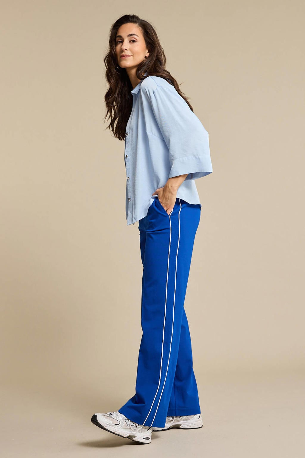Blauwe dames Red Button wide leg regular waist gestreepte casual broek van viscose