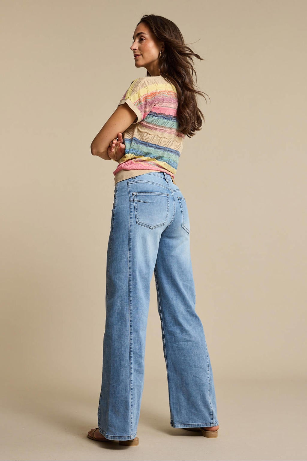 Multikleurige dames Red Button gestreepte top ajour van polyester met korte mouwen en ronde hals