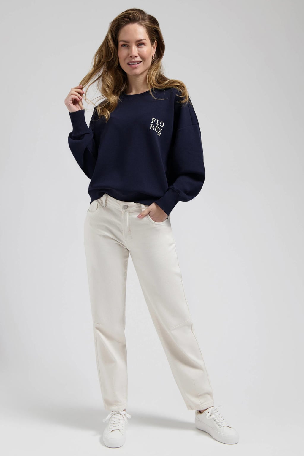 Beige dames Florez Tess barrel jeans van denim met regular waist, rits- en drukknoopsluiting en effen