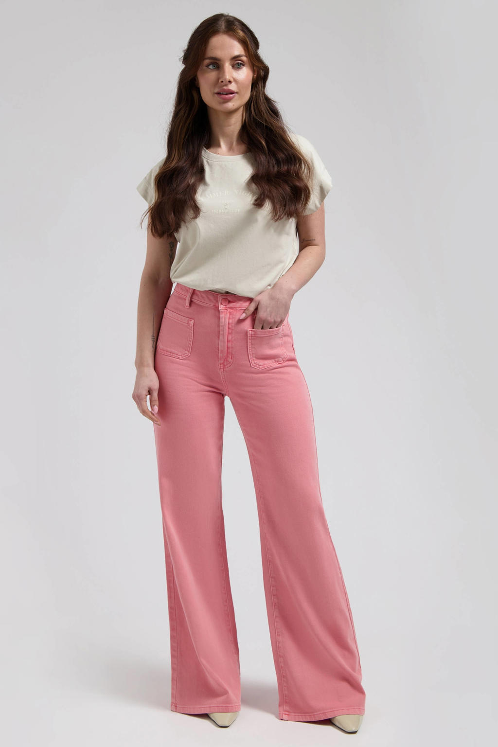 Koraalrode dames Florez Ana Flared Pocket flared jeans van katoen met regular waist, rits- en knoopsluiting en effen