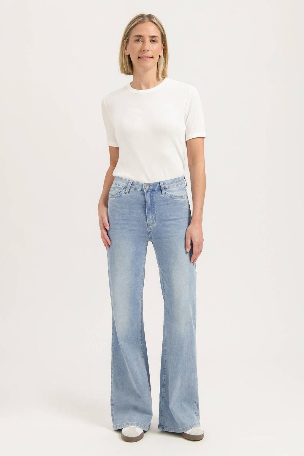 Light blue denim dames Florez Ana Flared flared jeans van katoen met regular waist, rits- en drukknoopsluiting en effen