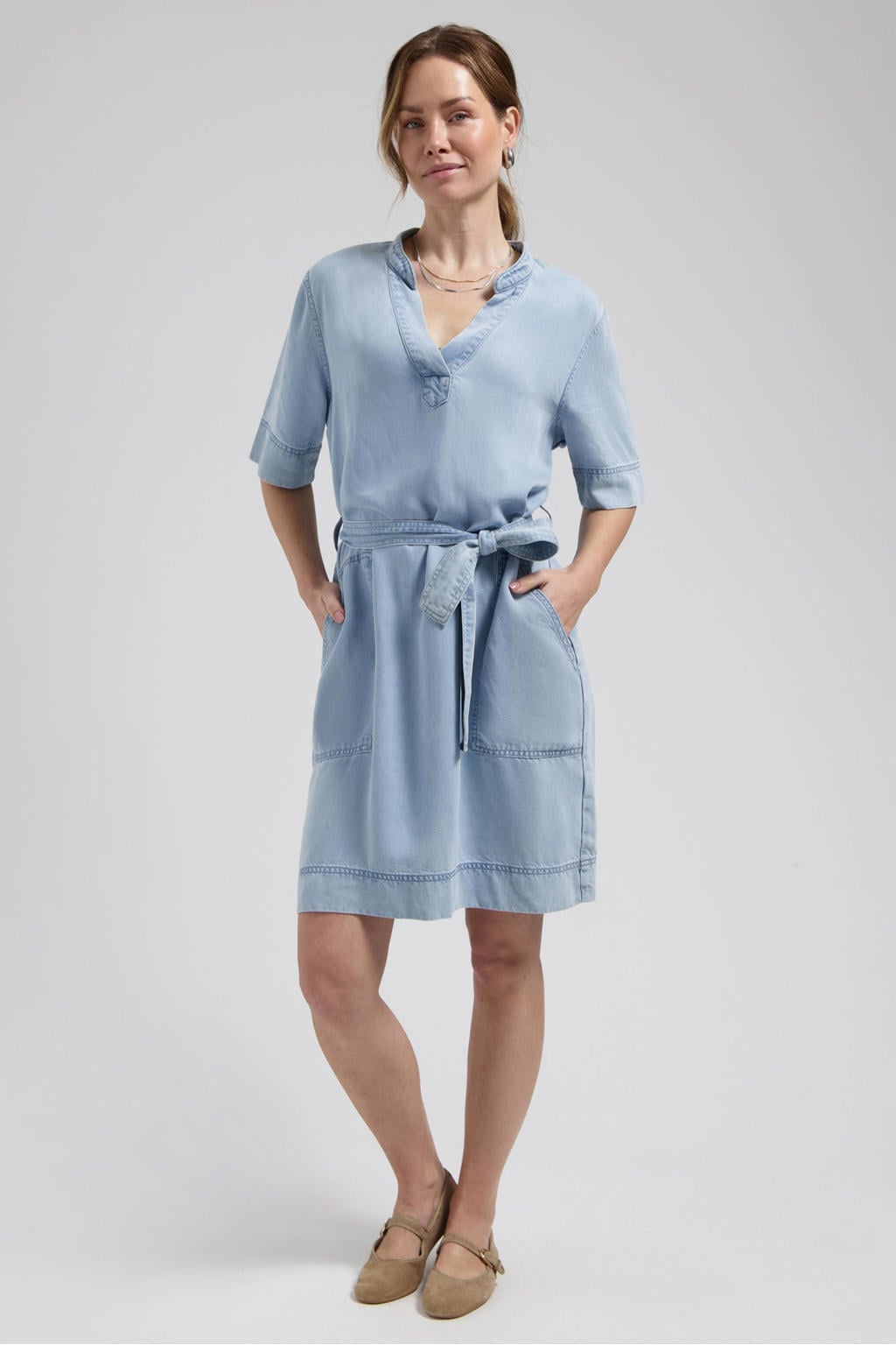 Light blue denim dames Florez mini jurk van denim met effen, half lange mouwen en V-hals