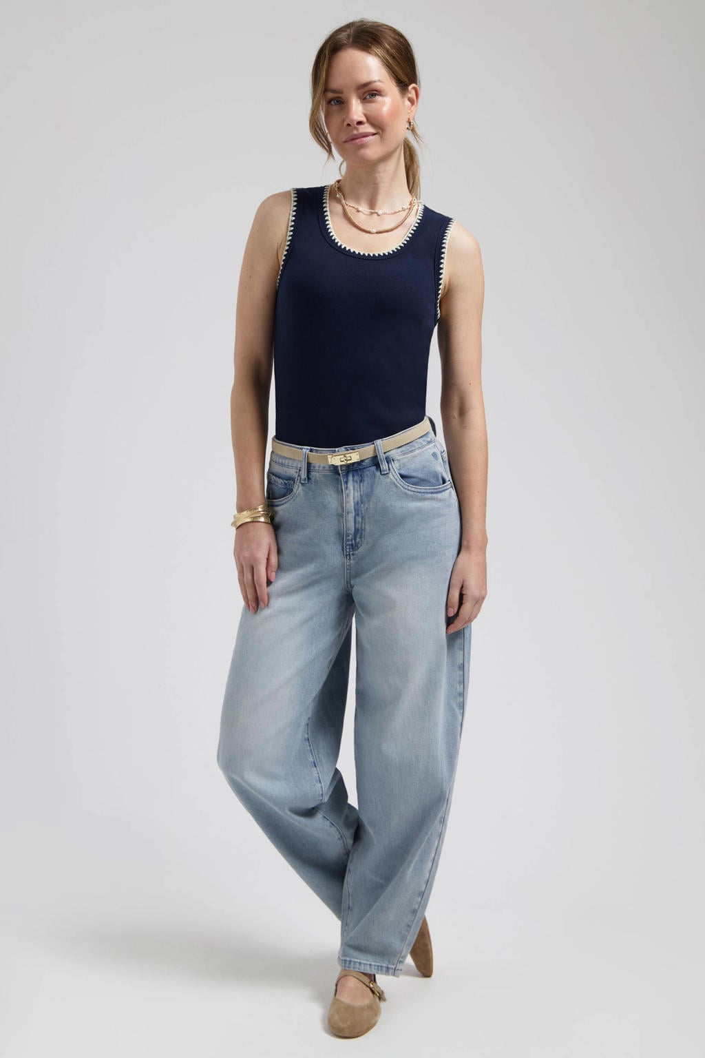 Light blue denim dames Florez Fani Barrel Jeans barrel jeans van katoen met regular waist, rits- en drukknoopsluiting en effen