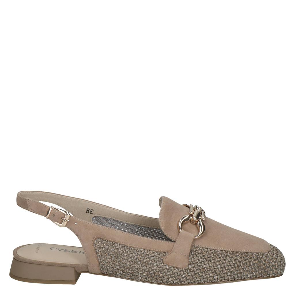 Beige dames Caprice slingback loafers van leer en textiel met gesp