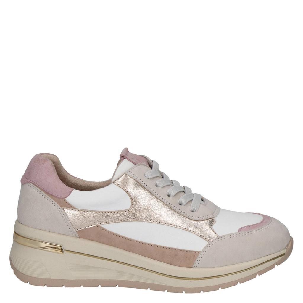 Wit, beige en roze dames Caprice Danica leren sneakers met veters