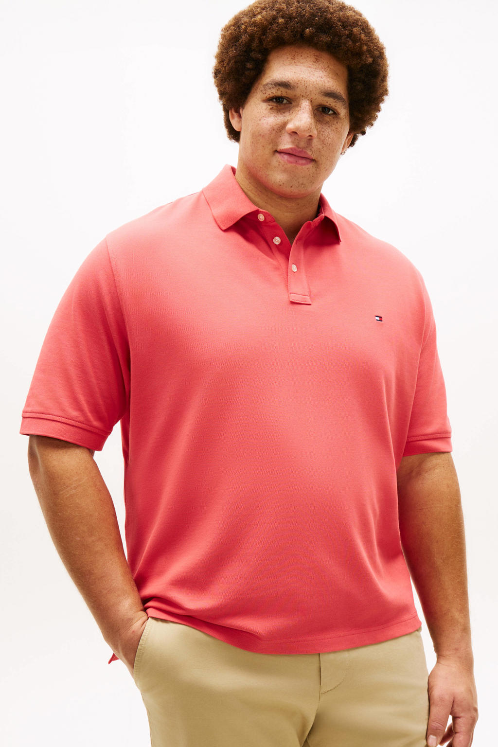 Koraalrode heren Tommy Hilfiger Big & Tall regular polo Plus Size van katoen met effen, korte mouwen en pique