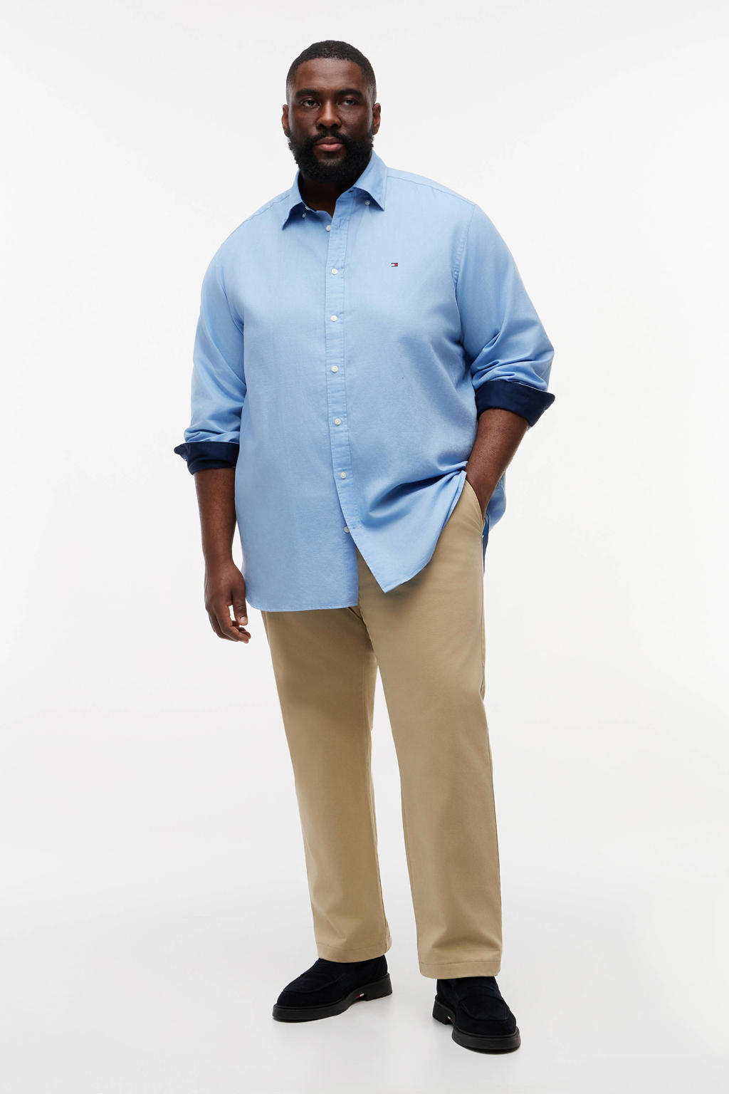 Lichtblauwe heren Tommy Hilfiger Big & Tall regular casual overhemd van linnen met effen, lange mouwen en button down sluiting