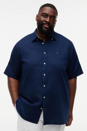 regular casual overhemd met linnen donkerblauw