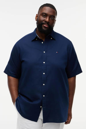 regular casual overhemd met linnen donkerblauw
