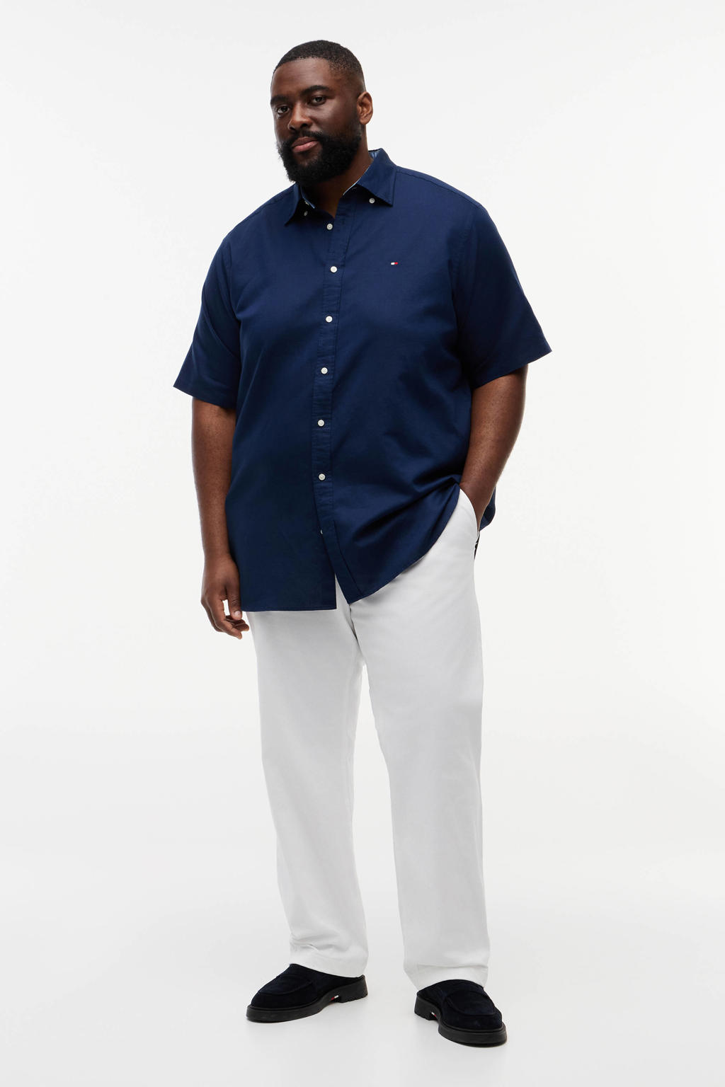 Donkerblauwe heren Tommy Hilfiger Big & Tall regular casual overhemd van linnen met effen, korte mouwen en button down sluiting